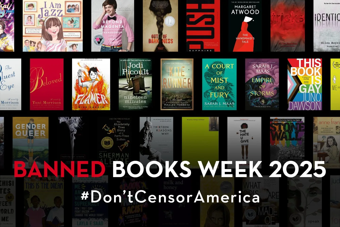Image of various book covers with a banner reading Banned Books Week 2025 #DontCensorAmerica. Showcasing titles like The Lovely Bones and The Kite Runner, this highlights the theme of censorship and the freedom to read during Banned Books Week.